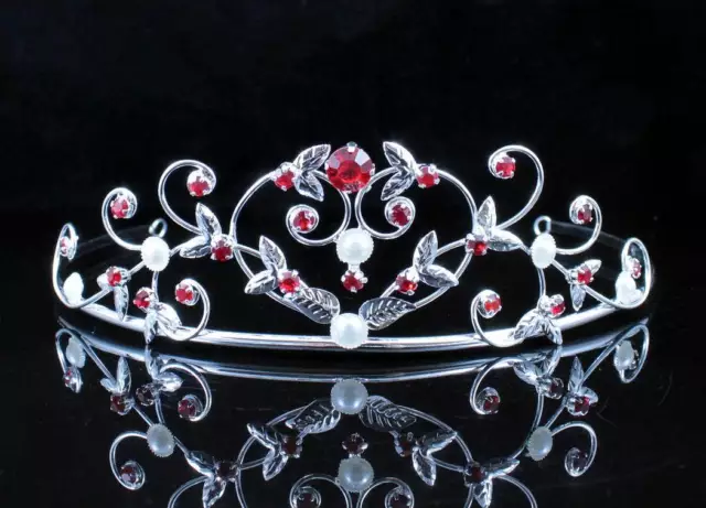 Pearl Red Austrian Rhinestone Crystal Tiara Hair Crown Bridal Wedding T1535Red