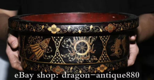 7.6” Old China Lacquerware Gilt Carving Eight Treasures Flower Fish Bowl Basin