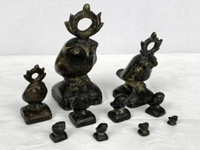 Antique Burmese Opium Weights Bronze Scale Full Owl Set 10 Pieces Complete Heavy