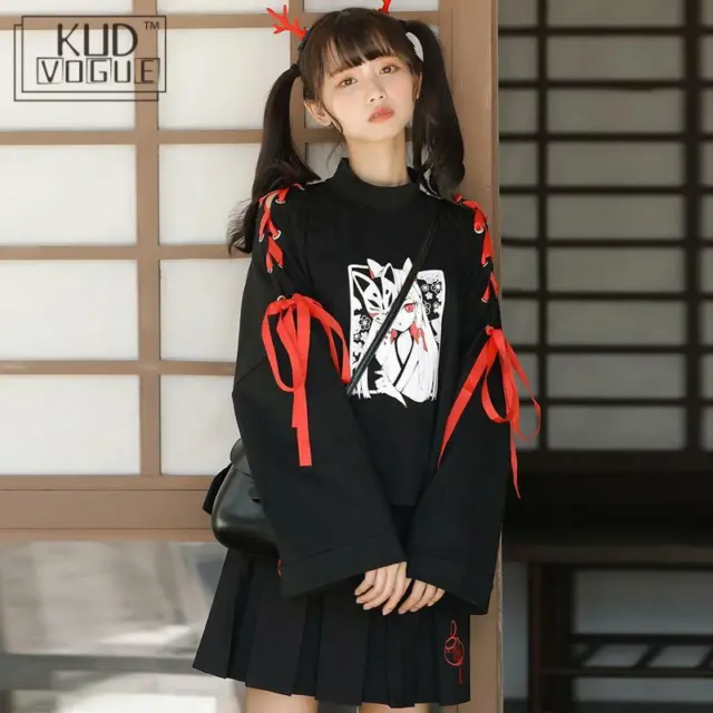 Japanese Oversized Printed Anime Hoodie Women Gothic Street Cool Black Pullover