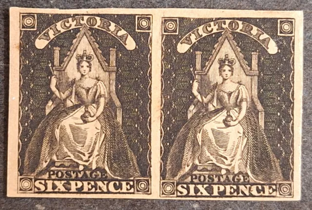 1858- Victoria Australia 6d black plate proof pair Queen on throne stamps Mint