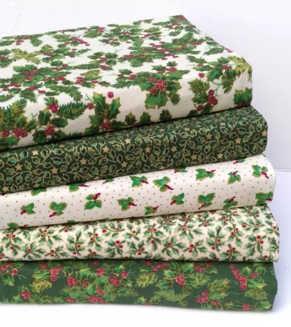 Christmas Holly Fabric Remnants 5 Pce Bundle 100% Cotton Green Cream