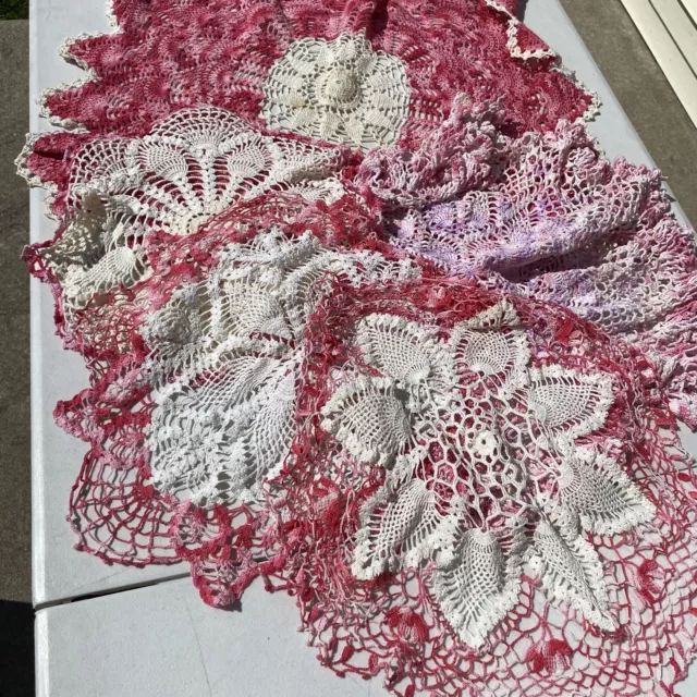 Lot of 5 Vintage Pink & White Hand Crocheted Doilies Square Round