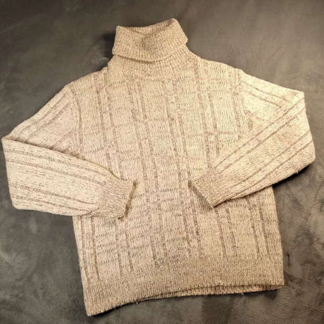 Vtg Handmade Sweater Wool Small Brown Cream Wool Acrylic Blend Turtle Neck Knit