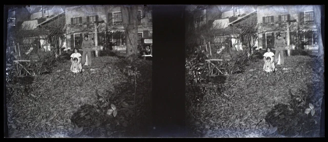 Kids Family Garden c1930 Photo NEGATIVE Glass Plate Vintage V36L7n 
