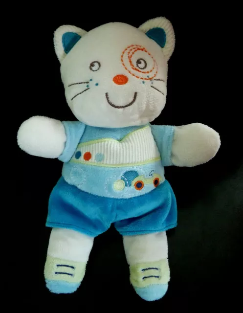 *. DOUDOU PELUCHE CHAT BLANC BLEU VERT NICOTOY SIMBA AUTO VOITURE 23cm ET NEUF *