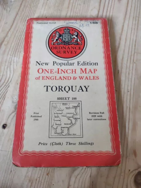 Vintage 1946 OS TORQUAY Cloth One Inch Ordnance Survey Map Sheet 188 Contour.