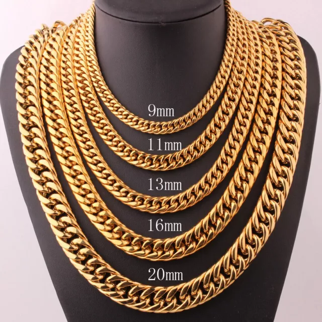 9-22MM Stainless Steel Gold Plated Cuban Curb Chain Necklace Mens Womens Jewelry