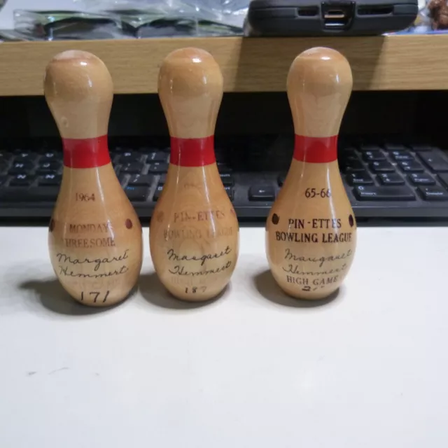 Lot 3 Mini 1964/65/66 s Wood Bowling 4" Pins Award League Trophy