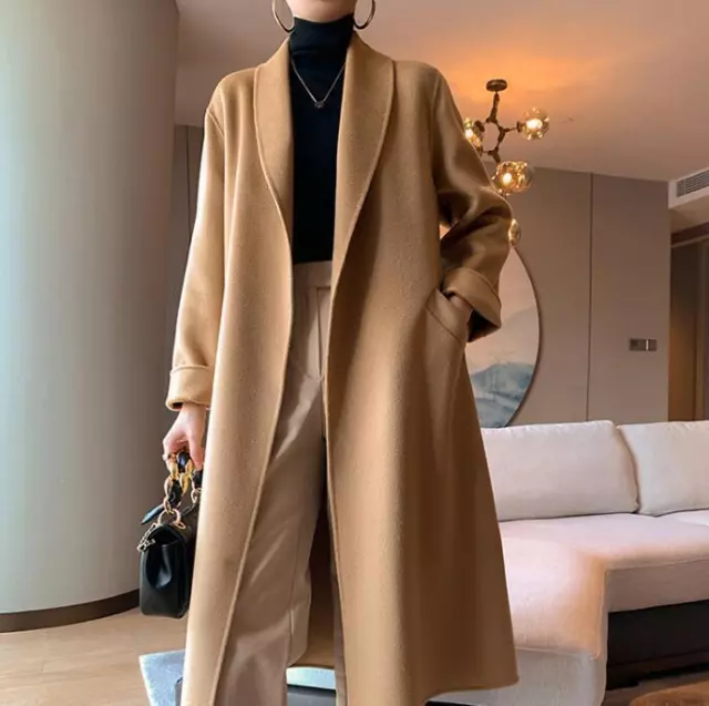 Womens Luxury Double Side 100% Cashmere Long Parka Coat Loose Belted Overcoat 2