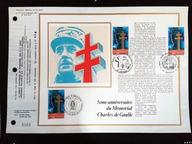 GENERAL DE GAULLE   FRANCE FEUILLET PHILATÉLIQUE CEF special Ardennes N° 63 soie