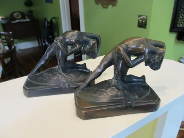 Vintage French Art Deco Nude Dramatic Woman Bookends Pair (2) 4 5/8" x 6 1/2" NR