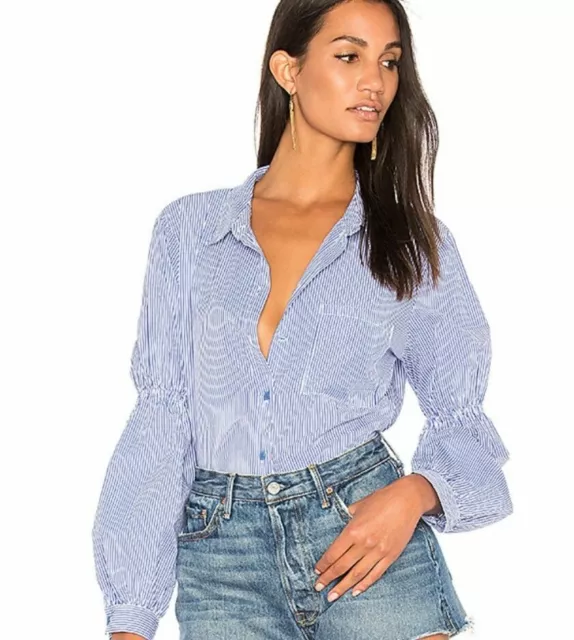 Sanctuary Women's Boyfriend Button-Down Shirt Core Strip Frankie Light Blue $79