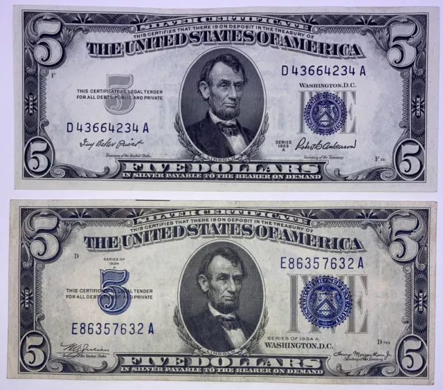 1934 ($5) Five Dollar, 1953 ($5) Five Dollar Blue Seal Silver Certificates Notes