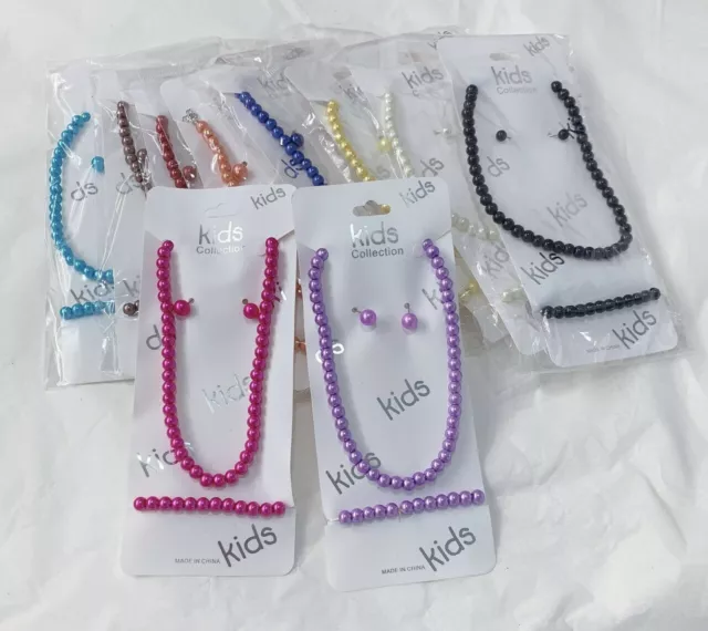 Children's Girls Kids Faux Pearl Necklace Bracelet Earrings Jewelry Party Set UK