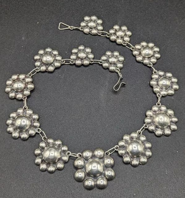 Vintage Sterling Silver Mexico Old Flower Link Statement Necklace 1950s *Read*