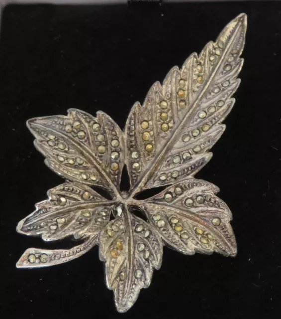 Silver plate & marcasite vintage Art Deco antique large leaf brooch