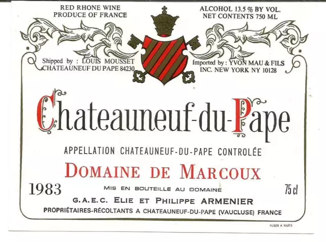 étiquette de vin Châteauneuf du Pape 1983.Domaine de Marcoux.