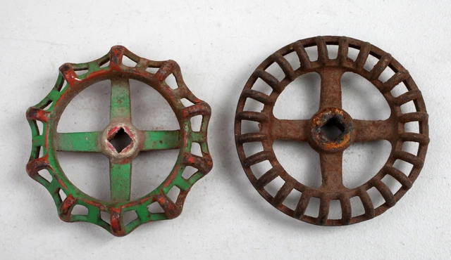 2 Vintage Large Valve Cast Metal Faucet Handles Rustic Steampunk