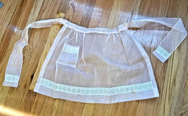 1960S PALE Pink Sheer Organza Chiffon Half Apron Tie Back & Pocket Lace TRIM-EXC