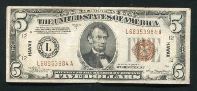 Fr. 2302 1934-A $5 Five Dollars “Hawaii” Frn Federal Reserve Note Very Fine