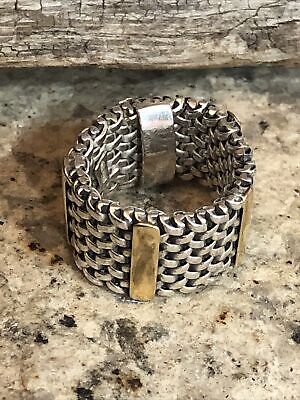 Vintag 925 Sterling Silver Gold over Accent Wide Mesh Band  Ring ITALY 7s, 15.8g