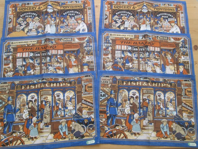 Vintage Set 6 Irish Linen H Butterworth Table Placemats Chip Shop Bakery Grocery