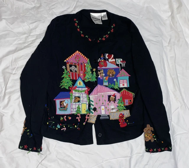 Michael Simon Light Women Christmas Sweater Embroidered Size L Black