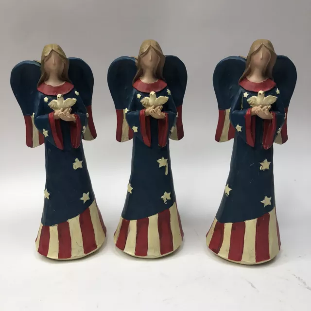 3 Patriotic Angels Figurine Red, White Blue Angel American Flag Folk Art Dove