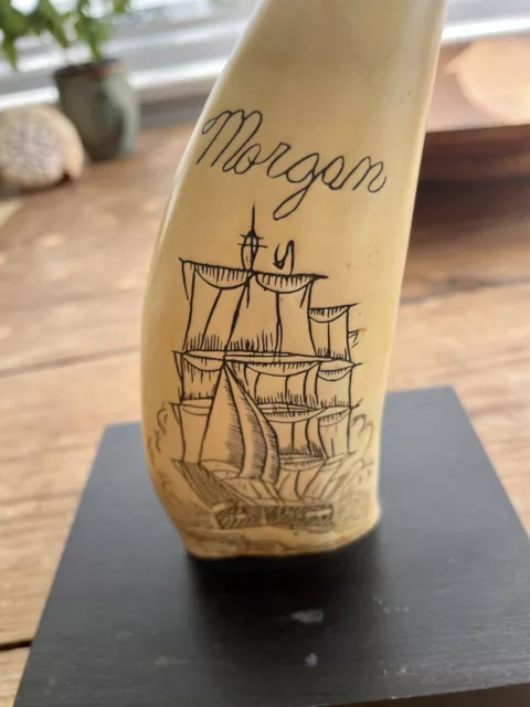 Faux Scrimshawed Sperm Whale With Whaling Ship Scene On Wooden Base Reproduction
