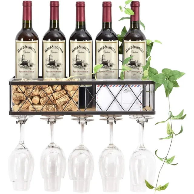 Wall Mounted Wine Rack -Metal Bottle & Glass Wine Holder with Hanging Stemware
