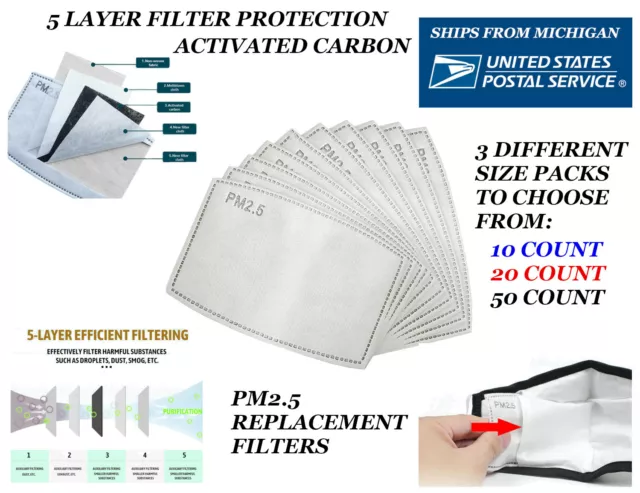 10/20/50 Count Replacement PM 2.5 Activated Carbon Filter 5 Layer Mask Inserts