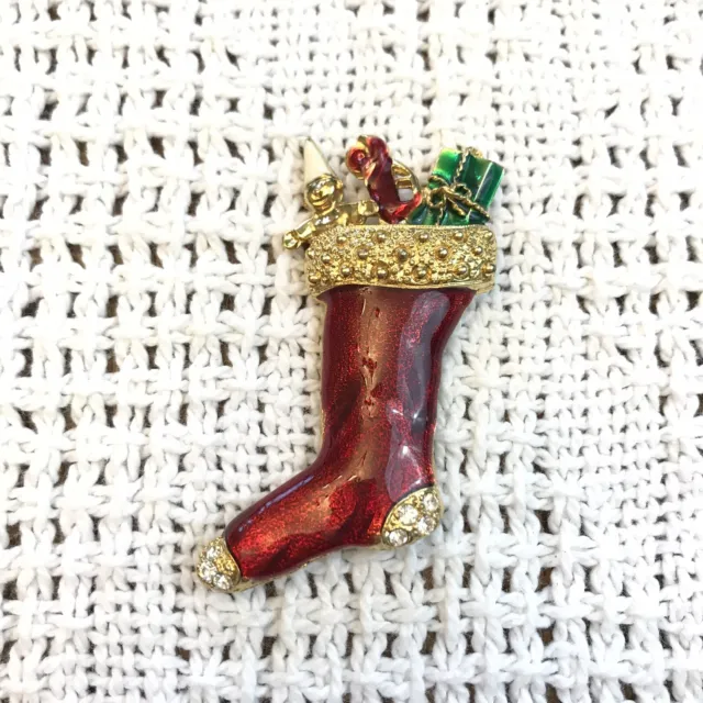 Red Gold Christmas Stocking Brooch Pin