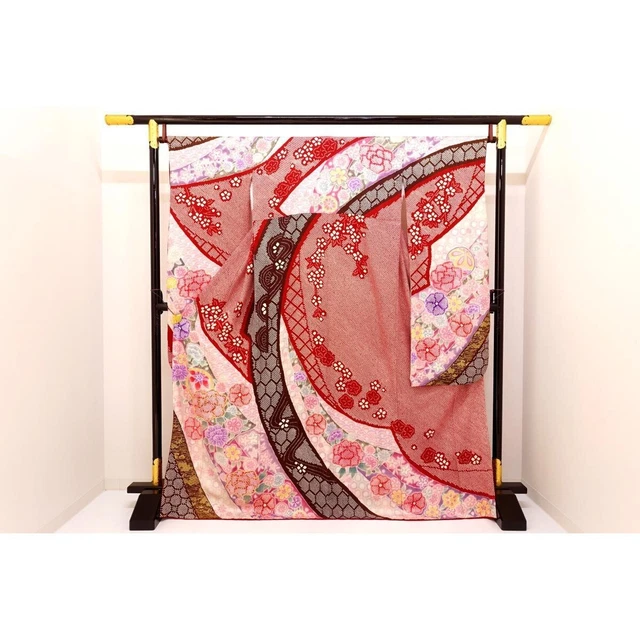 Furisode Japanese Long Sleeved Kimono Yuzen Embroidery Silk Plum Blossom Rank B