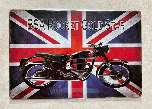 BSA ROCKETE GOLD STAR MOTORRAD METALLSCHILD MANN HÖHLE FAHRRAD GARAGE 20x30cm
