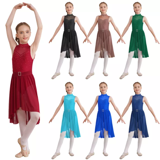 Kids Girls Rhinestones Figure Skating Dress Leotard Ballet Lyrical Dance Costume