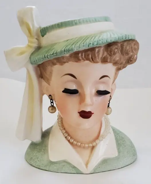 Lady Head Vase Vintage Mint Green Lucille Ball Napco 1958 C3342A Pearls Flower