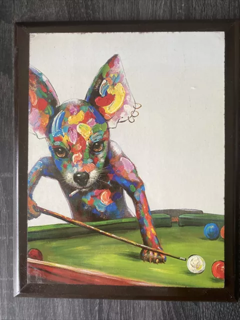 Colorful Watercolor Plaque Chihuahua Playing Billiards Pool Artist Not Listed