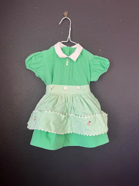 Vintage 50s Baby Girl Toddler Green Handmade Day Dress with Gingham Apron