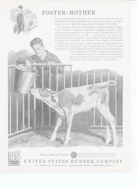 UNITED STATES RUBBER CO vintage 1945 post WWII farmer boy feeding calf rubber ad