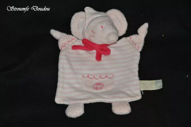 Peluche Doudou Souris Plat Tape à L'oeil TAO Rayé Rose Blanc Fichu 22 cm TTBE