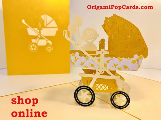 Origami Pop Cards Metallic Baby Carriage Pram in Gold 3D Pop Up Greeting Card