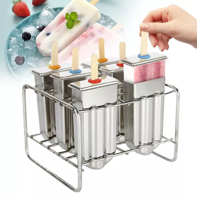 6 piezas Moldes para palillos de helado Molde de acero inoxidable Helado Pop Lolly Soporte para paletas