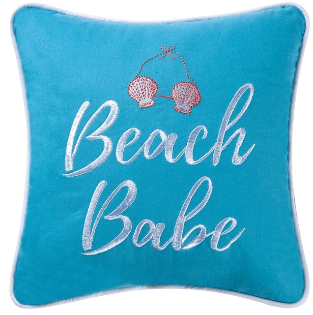 Almohada bordada de acento azul Beach Babe 10 pulgadas