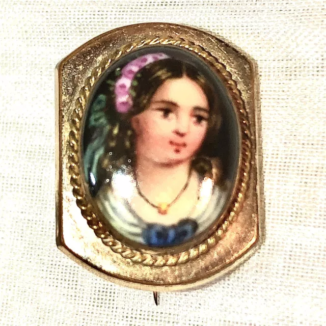 Antique Victorian Silver Portrait Lady Brooch Cameo Choker Pin Hand Painted Rare