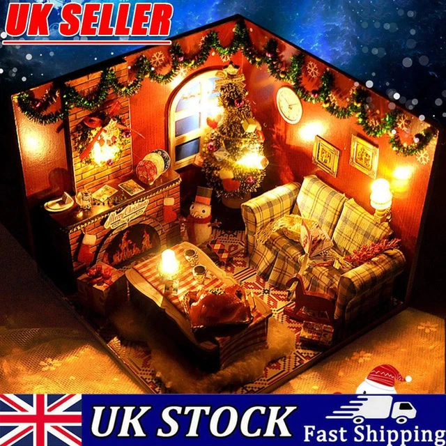 Xmas Wooden House Kit with Dust Cover and Accessories Dollhouse Miniature