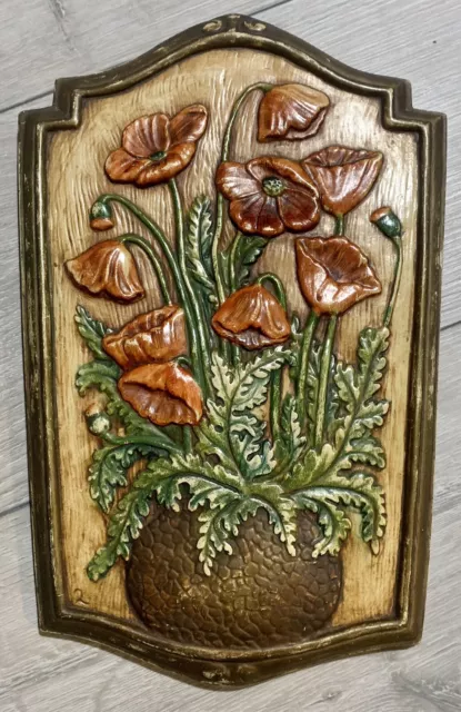 ✨Rare plaque murale ancienne en plâtre? Stéatite? Décors coquelicots - Vintage✨