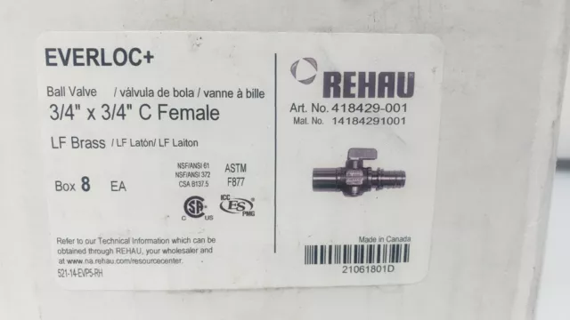 Rehau 3/4 X 3/4 418429-001 Everloc+ Brass Ball Valve  SEE DESCRIPTION