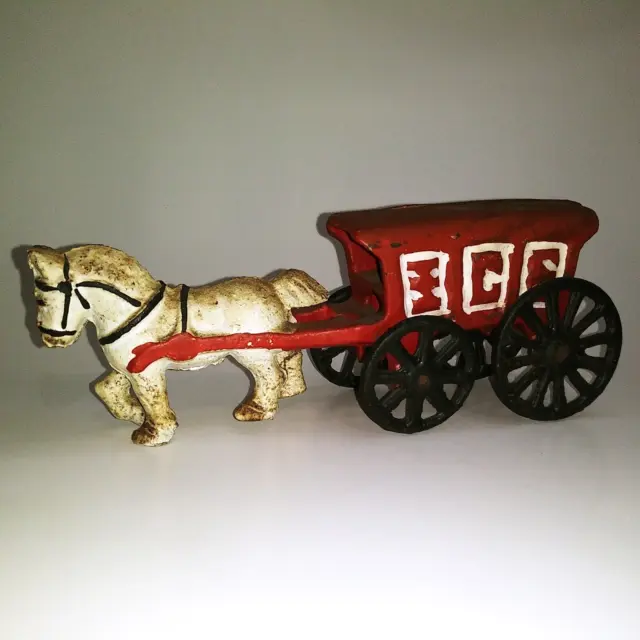 Vintage Cast Iron White Horse Drawn Ice Wagon Cart Stage Coach Toy