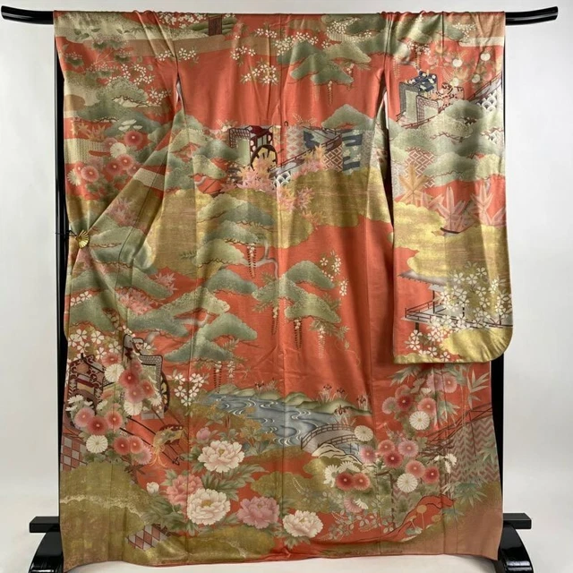 Japanese Kimono Furisode Pure Silk An Ox Drawn Coach Chrysanthemum Peach Pink